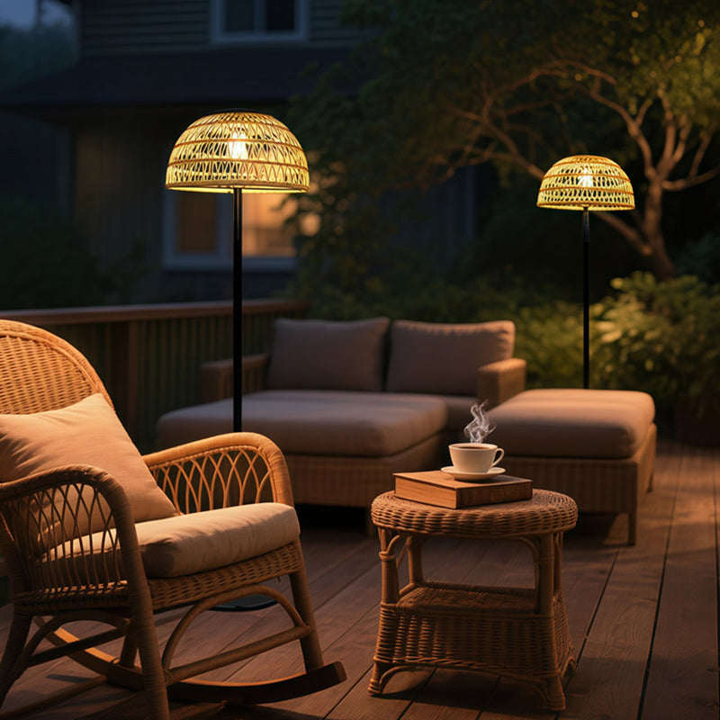 Traditional Rustic Waterproof Solar Mushroom Iron Rubber Rattan Weaving USB Outdoor LED Standing Floor Lamp For Garden