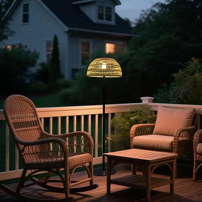 Traditional Rustic Waterproof Solar Mushroom Iron Rubber Rattan Weaving USB Outdoor LED Standing Floor Lamp For Garden