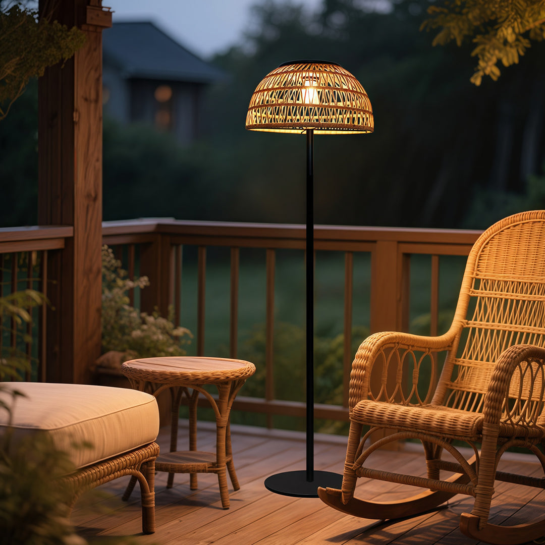 Traditional Rustic Waterproof Solar Mushroom Iron Rubber Rattan Weaving USB Outdoor LED Standing Floor Lamp For Garden