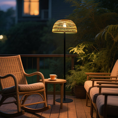 Traditional Rustic Waterproof Solar Mushroom Iron Rubber Rattan Weaving USB Outdoor LED Standing Floor Lamp For Garden