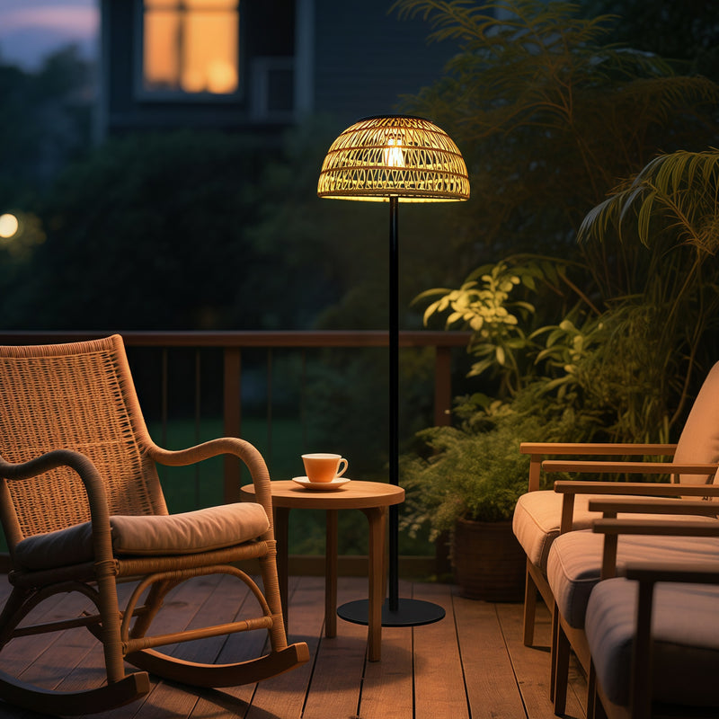 Traditional Rustic Waterproof Solar Mushroom Iron Rubber Rattan Weaving USB Outdoor LED Standing Floor Lamp For Garden