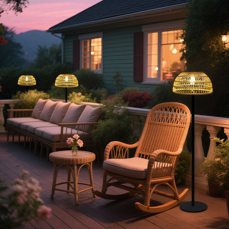Traditional Rustic Waterproof Solar Mushroom Iron Rubber Rattan Weaving USB Outdoor LED Standing Floor Lamp For Garden
