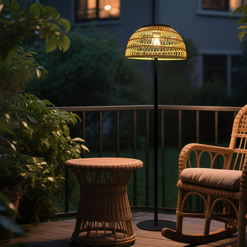 Traditional Rustic Waterproof Solar Mushroom Iron Rubber Rattan Weaving USB Outdoor LED Standing Floor Lamp For Garden