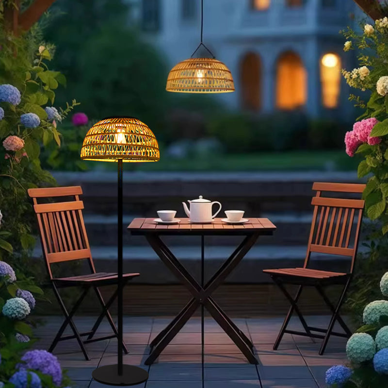 Traditional Rustic Waterproof Solar Mushroom Iron Rubber Rattan Weaving USB Outdoor LED Standing Floor Lamp For Garden