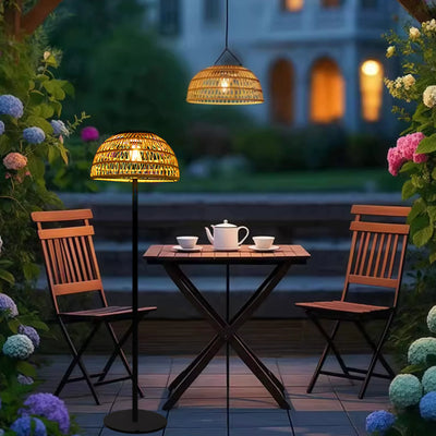 Traditional Rustic Waterproof Solar Mushroom Iron Rubber Rattan Weaving USB Outdoor LED Standing Floor Lamp For Garden