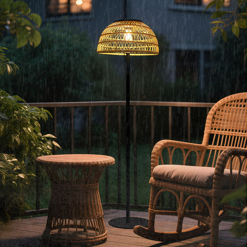 Traditional Rustic Waterproof Solar Mushroom Iron Rubber Rattan Weaving USB Outdoor LED Standing Floor Lamp For Garden