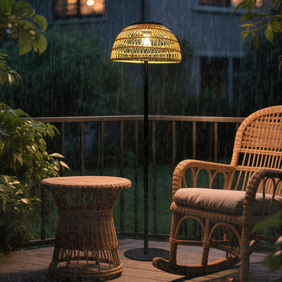 Traditional Rustic Waterproof Solar Mushroom Iron Rubber Rattan Weaving USB Outdoor LED Standing Floor Lamp For Garden