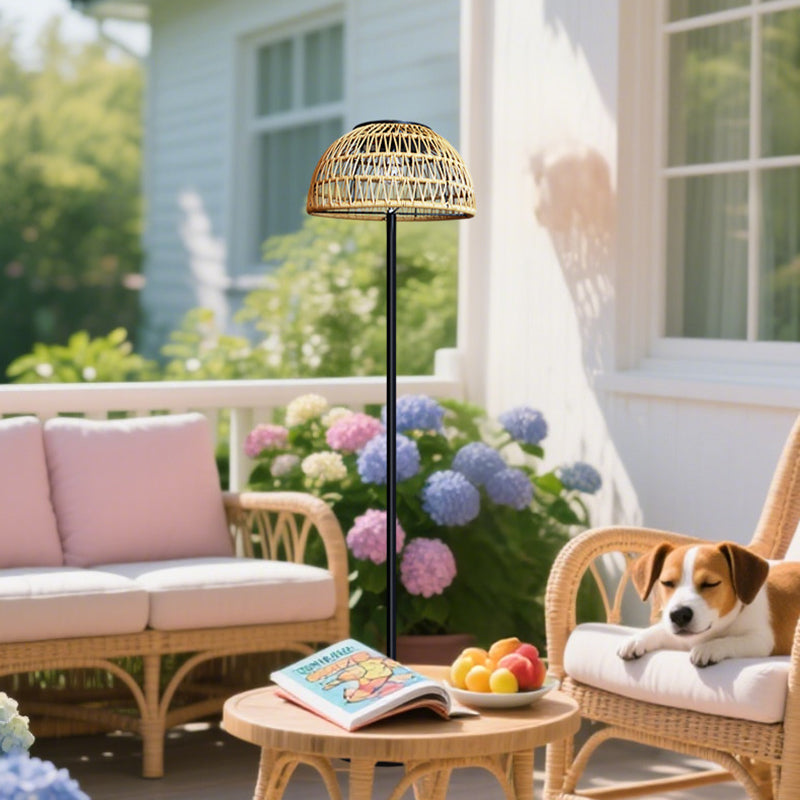 Traditional Rustic Waterproof Solar Mushroom Iron Rubber Rattan Weaving USB Outdoor LED Standing Floor Lamp For Garden