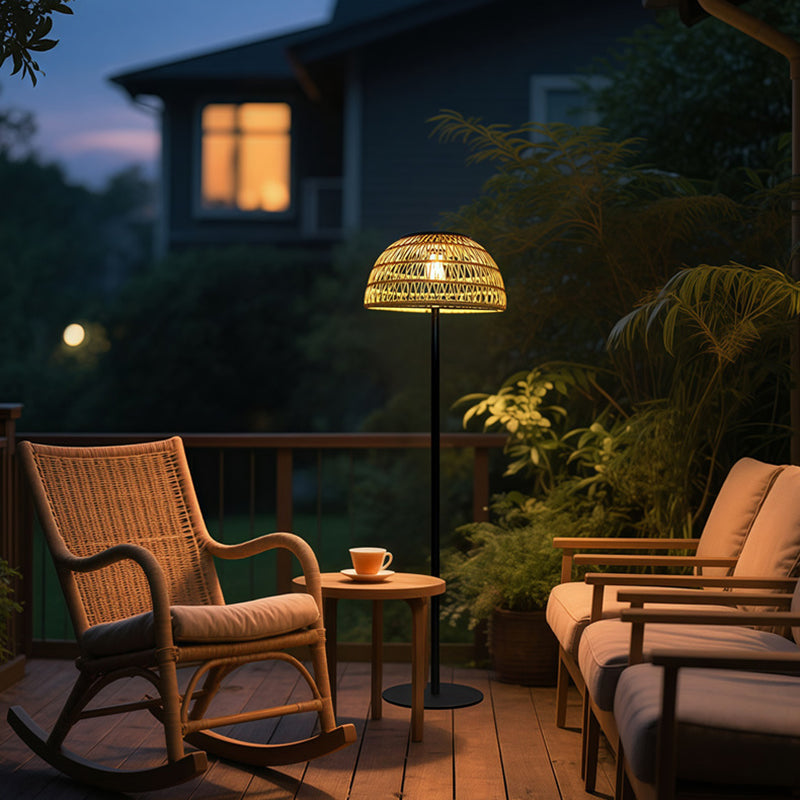 Traditional Rustic Waterproof Solar Mushroom Iron Rubber Rattan Weaving USB Outdoor LED Standing Floor Lamp For Garden