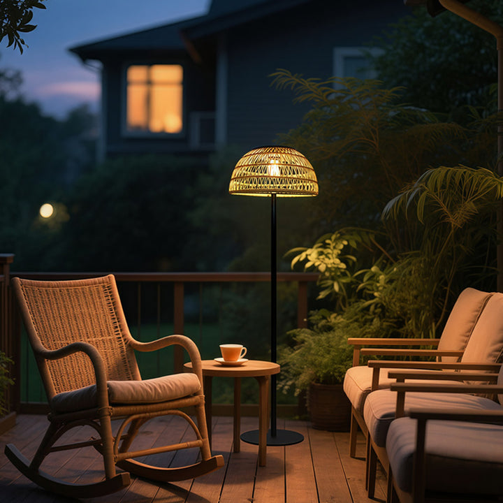 Traditional Rustic Waterproof Solar Mushroom Iron Rubber Rattan Weaving USB Outdoor LED Standing Floor Lamp For Garden