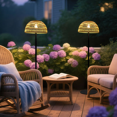 Traditional Rustic Waterproof Solar Mushroom Iron Rubber Rattan Weaving USB Outdoor LED Standing Floor Lamp For Garden