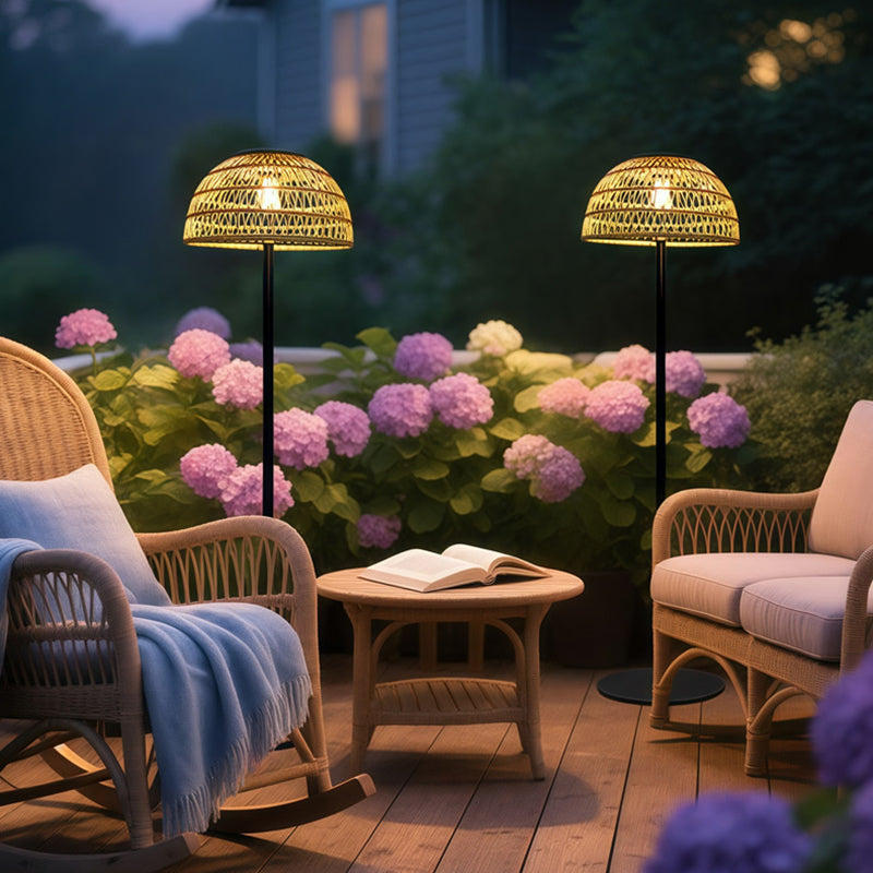 Traditional Rustic Waterproof Solar Mushroom Iron Rubber Rattan Weaving USB Outdoor LED Standing Floor Lamp For Garden