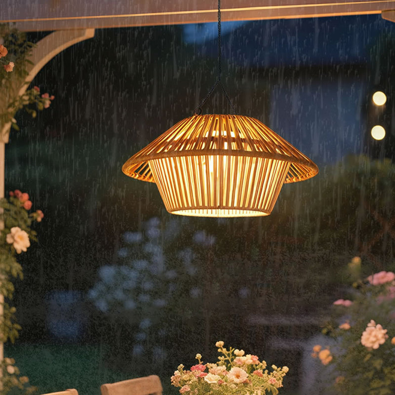 Traditional Rustic Waterproof Solar USB Mushroom Rattan Weaving Iron Outdoor LED Pendant Light Landscape Lighting For Garden