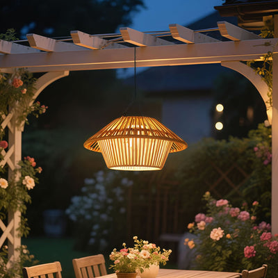 Traditional Rustic Waterproof Solar USB Mushroom Rattan Weaving Iron Outdoor LED Pendant Light Landscape Lighting For Garden