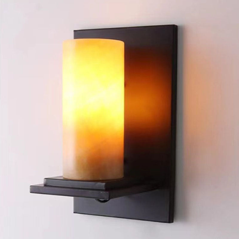 Modern Art Deco Cylinder Iron Natural Marble 1-Light Wall Sconce Lamp For Hallway
