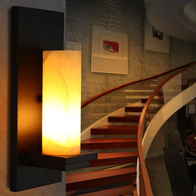 Modern Art Deco Cylinder Iron Natural Marble 1-Light Wall Sconce Lamp For Hallway