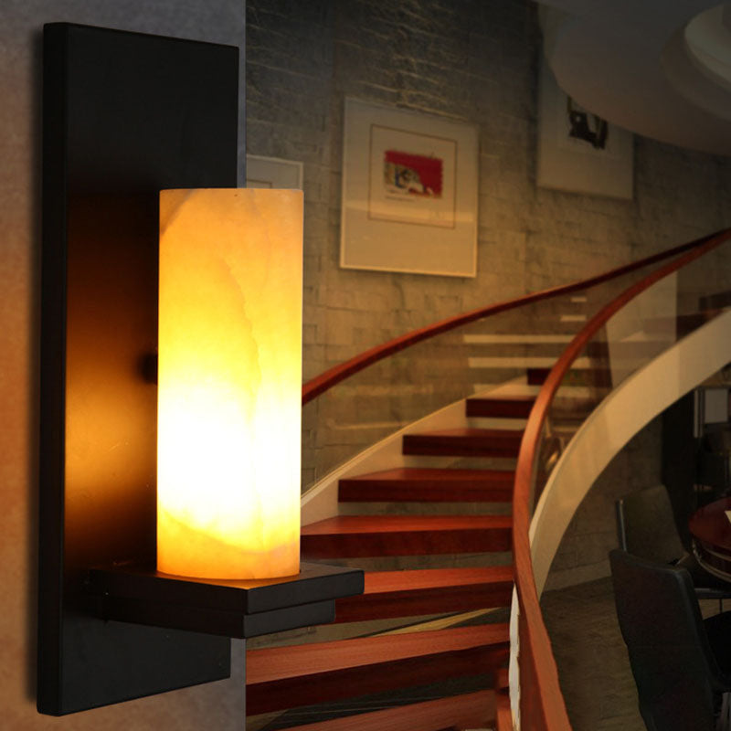 Modern Art Deco Cylinder Iron Natural Marble 1-Light Wall Sconce Lamp For Hallway