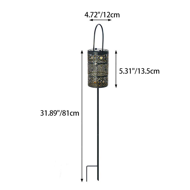 Modern Art Deco Waterproof Solar Carved Lantern Cylindrical Iron LED Outdoor Light Landscape Lighting For Garden