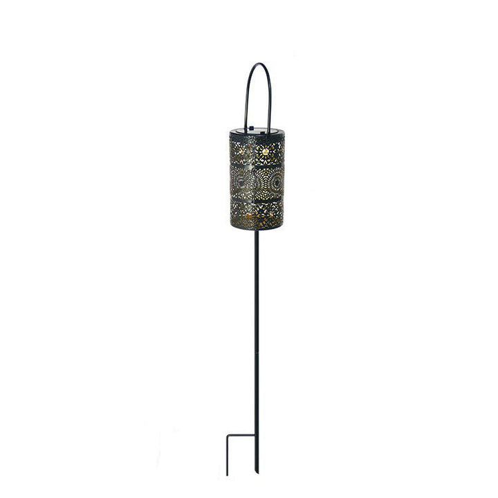 Modern Art Deco Waterproof Solar Carved Lantern Cylindrical Iron LED Outdoor Light Landscape Lighting For Garden