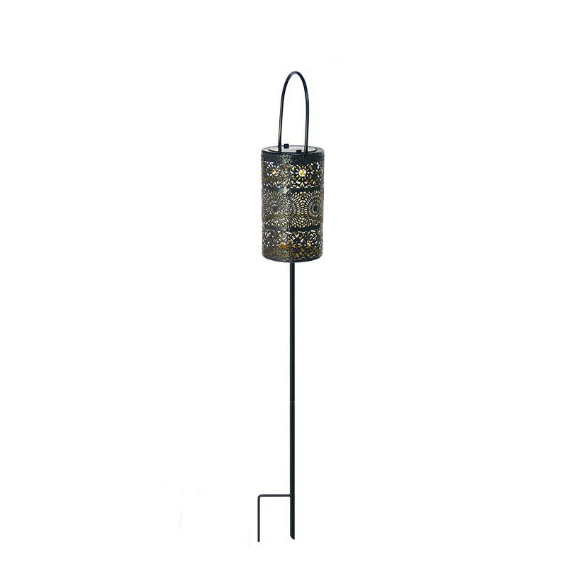 Modern Art Deco Waterproof Solar Carved Lantern Cylindrical Iron LED Outdoor Light Landscape Lighting For Garden