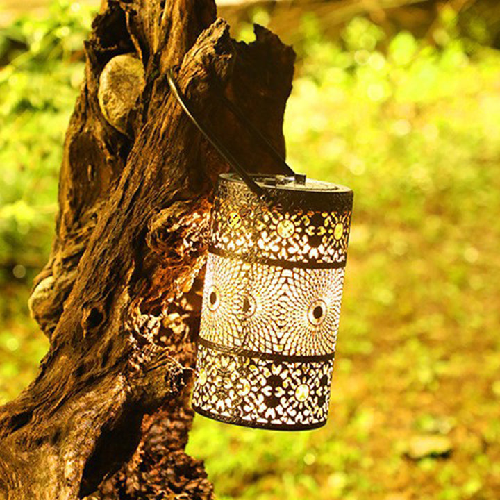 Modern Art Deco Waterproof Solar Carved Lantern Cylindrical Iron LED Outdoor Light Landscape Lighting For Garden