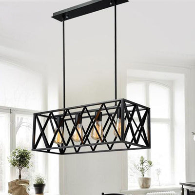 Contemporary Industrial Rectangular Iron 4/6-Light Chandelier For Dining Room