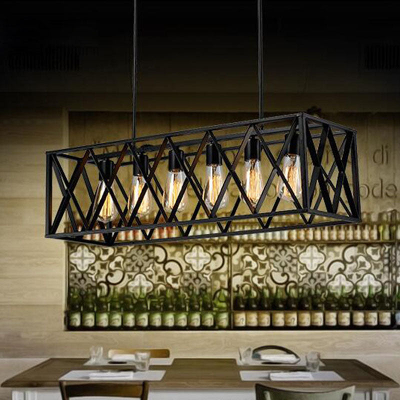 Contemporary Industrial Rectangular Iron 4/6-Light Chandelier For Dining Room