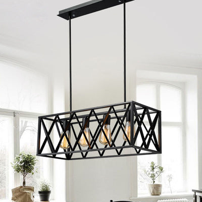 Contemporary Industrial Rectangular Iron 4/6-Light Chandelier For Dining Room