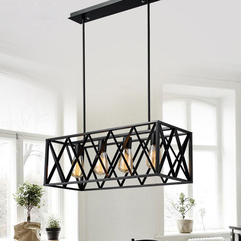 Contemporary Industrial Rectangular Iron 4/6-Light Chandelier For Dining Room