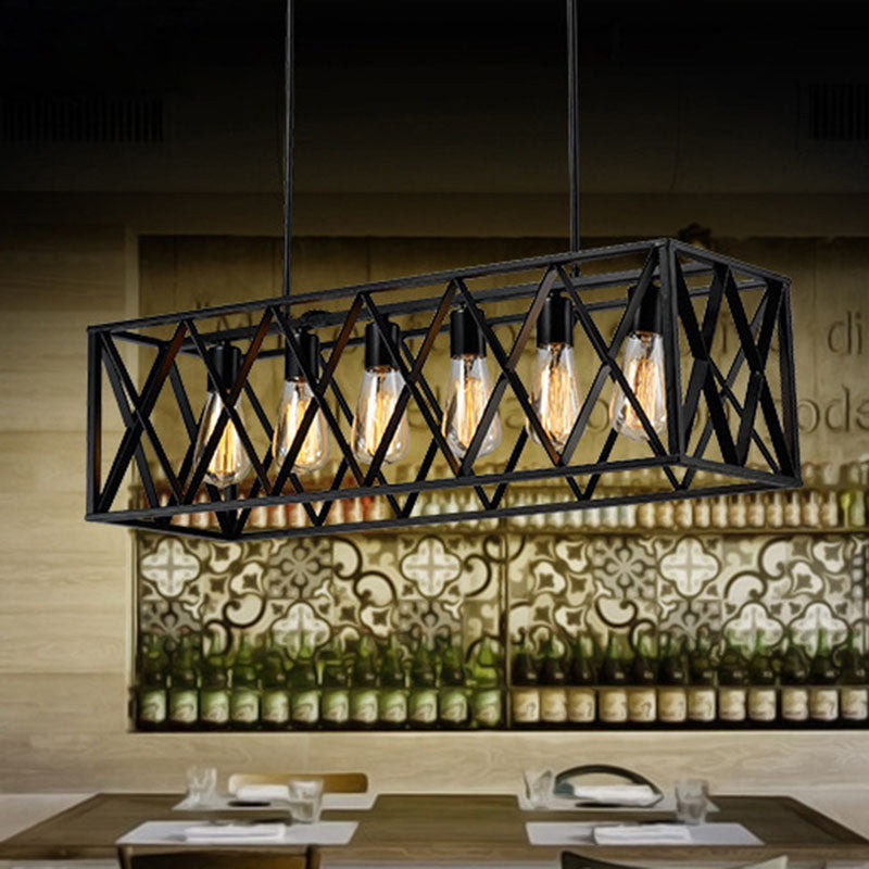 Contemporary Industrial Rectangular Iron 4/6-Light Chandelier For Dining Room