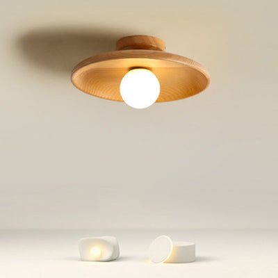 Modern Minimalist Round Solid Wood 1-Light Semi-Flush Mount Ceiling Light For Entryway