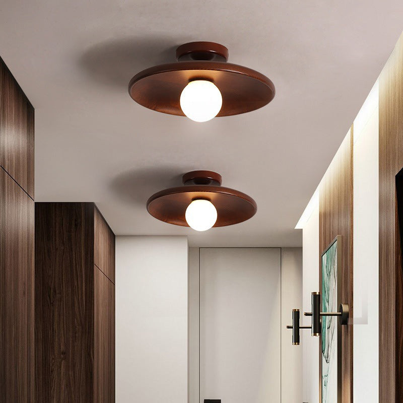 Modern Minimalist Round Solid Wood 1-Light Semi-Flush Mount Ceiling Light For Entryway