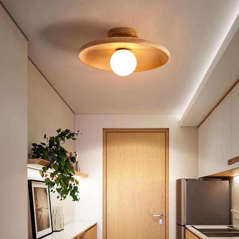 Modern Minimalist Round Solid Wood 1-Light Semi-Flush Mount Ceiling Light For Entryway