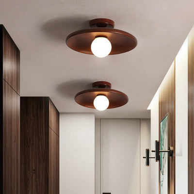 Modern Minimalist Round Solid Wood 1-Light Semi-Flush Mount Ceiling Light For Entryway
