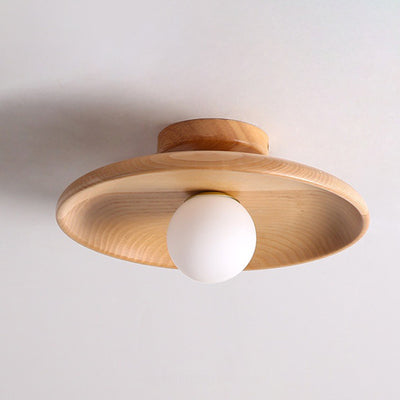 Modern Minimalist Round Solid Wood 1-Light Semi-Flush Mount Ceiling Light For Entryway