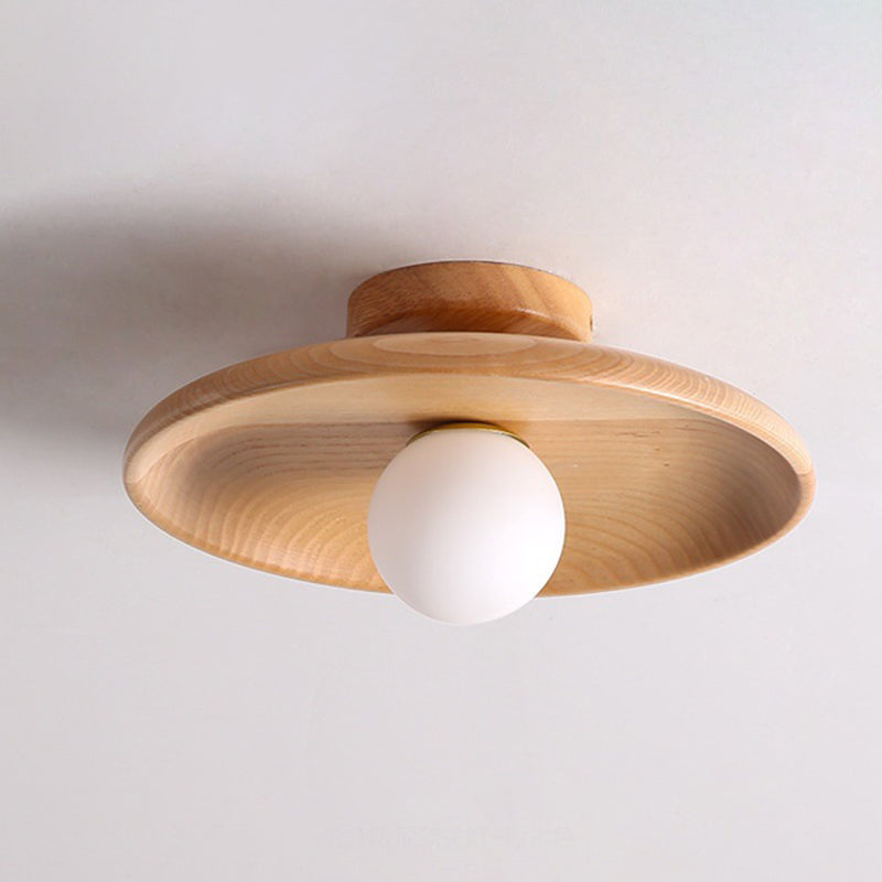 Modern Minimalist Round Solid Wood 1-Light Semi-Flush Mount Ceiling Light For Entryway