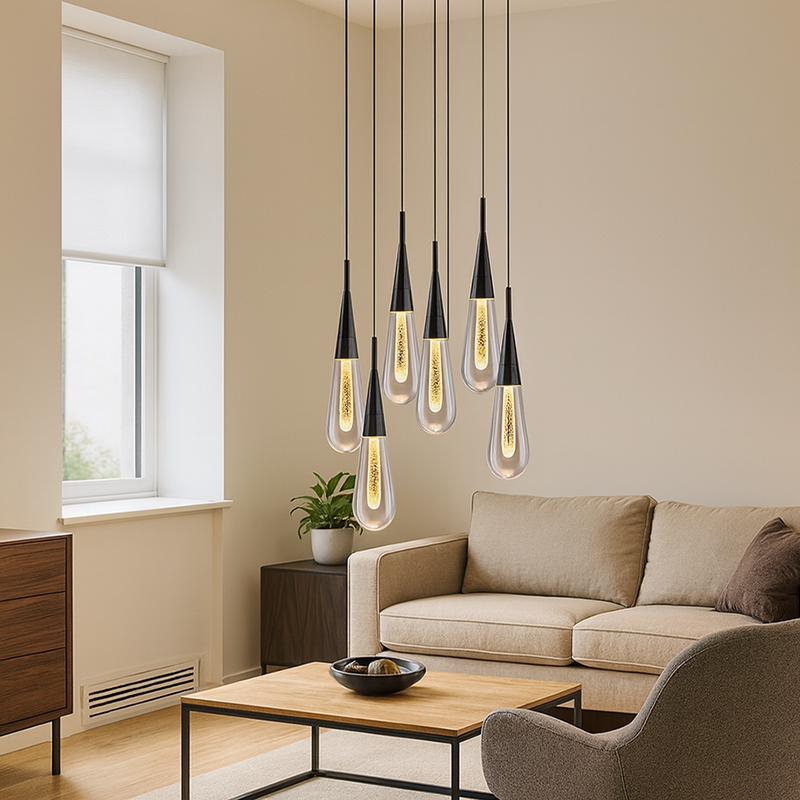 Zeitgenössischer kreativer Tropfen Aluminium Eisen Glas LED Kronleuchter für Esszimmer 
