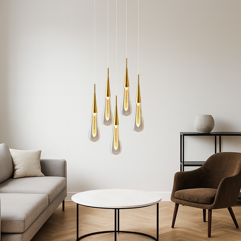 Zeitgenössischer kreativer Tropfen Aluminium Eisen Glas LED Kronleuchter für Esszimmer 