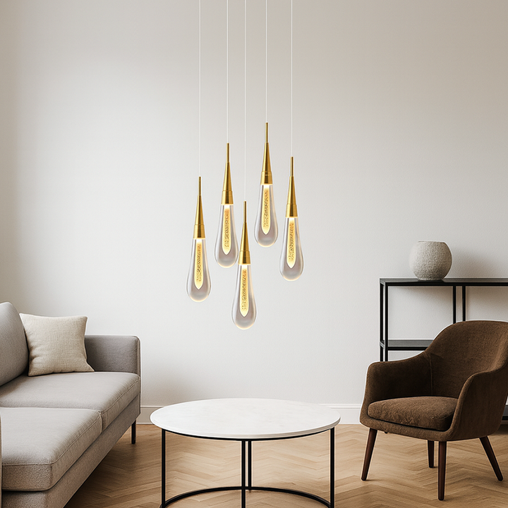 Zeitgenössischer kreativer Tropfen Aluminium Eisen Glas LED Kronleuchter für Esszimmer 