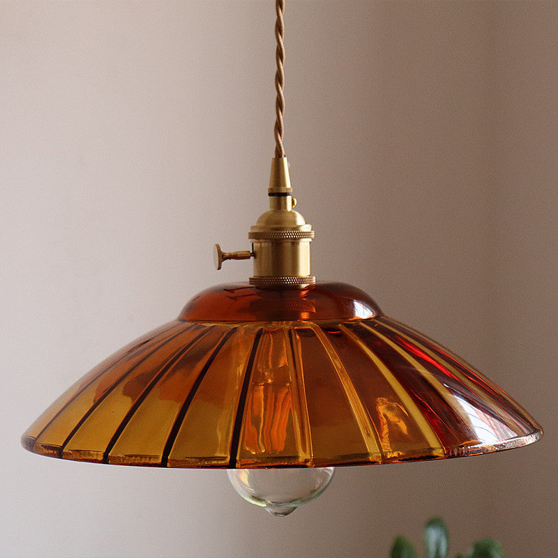 Traditional Japanese Round Copper Glass 1-Light Pendant Light For Living Room