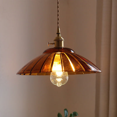 Traditional Japanese Round Copper Glass 1-Light Pendant Light For Living Room