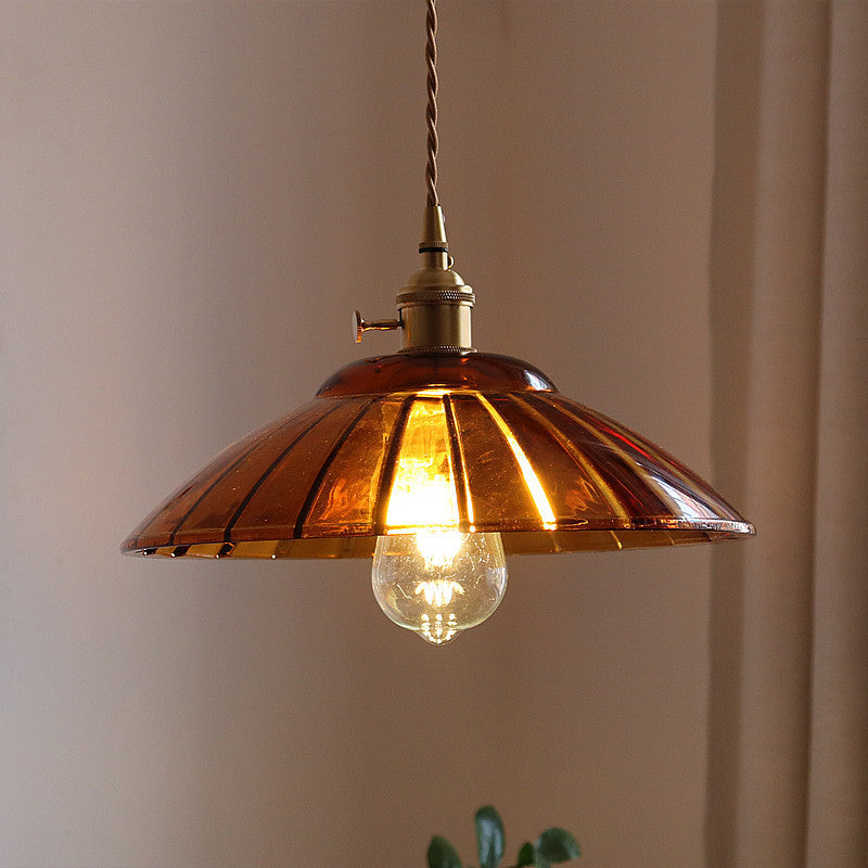 Traditional Japanese Round Copper Glass 1-Light Pendant Light For Living Room