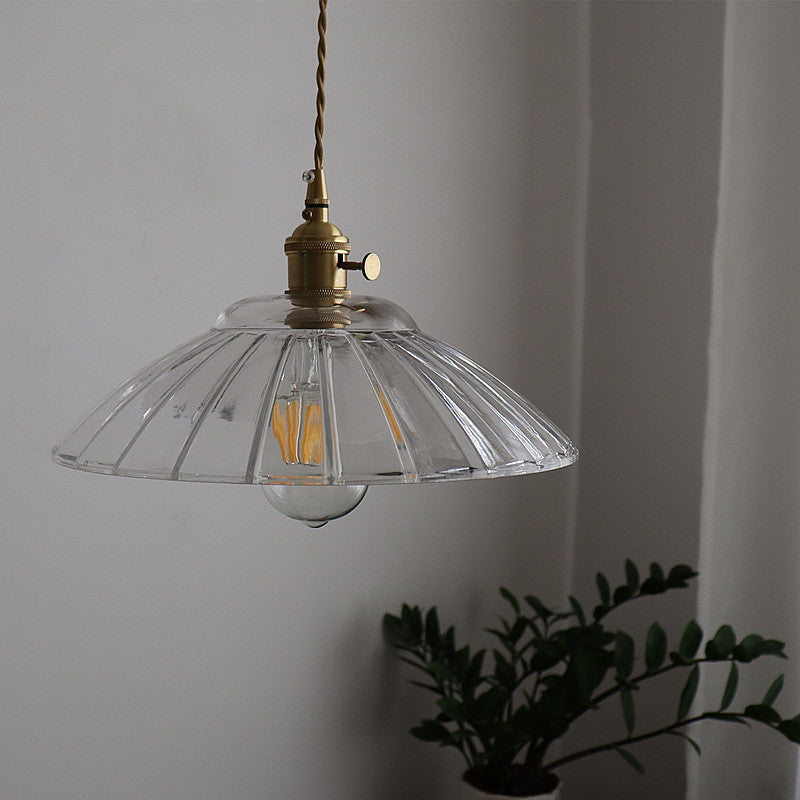 Traditional Japanese Round Copper Glass 1-Light Pendant Light For Living Room