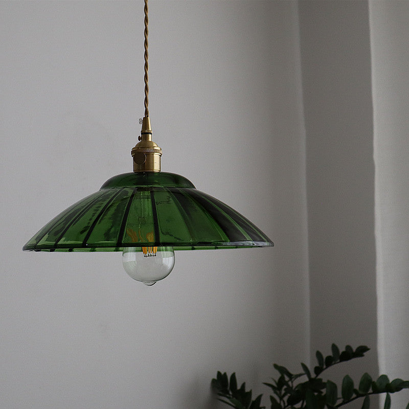 Traditional Japanese Round Copper Glass 1-Light Pendant Light For Living Room