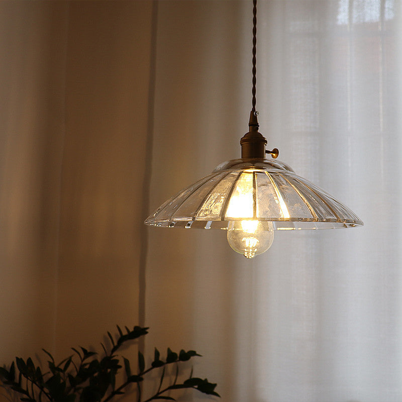 Traditional Japanese Round Copper Glass 1-Light Pendant Light For Living Room