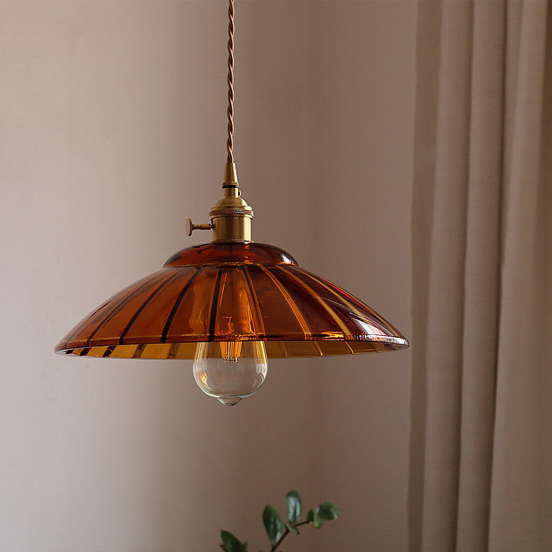 Traditional Japanese Round Copper Glass 1-Light Pendant Light For Living Room