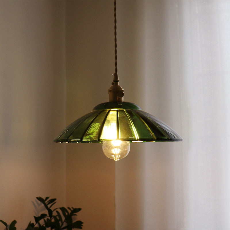 Traditional Japanese Round Copper Glass 1-Light Pendant Light For Living Room