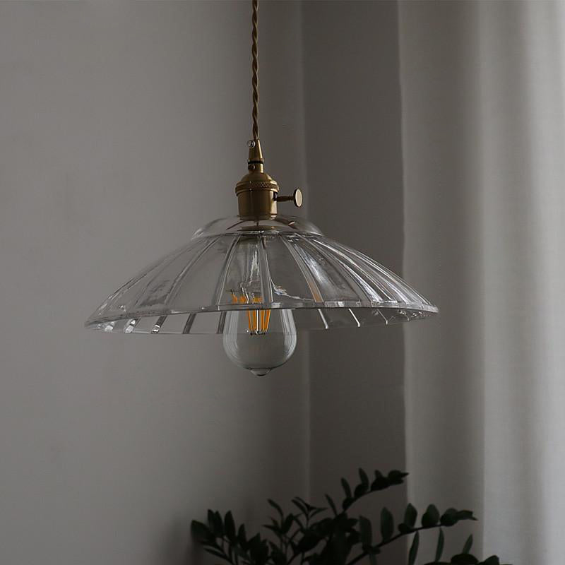 Traditional Japanese Round Copper Glass 1-Light Pendant Light For Living Room