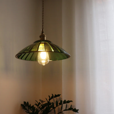 Traditional Japanese Round Copper Glass 1-Light Pendant Light For Living Room