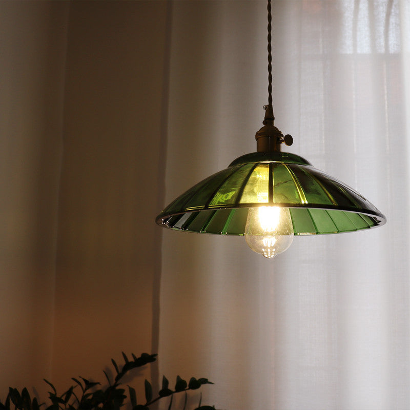 Traditional Japanese Round Copper Glass 1-Light Pendant Light For Living Room